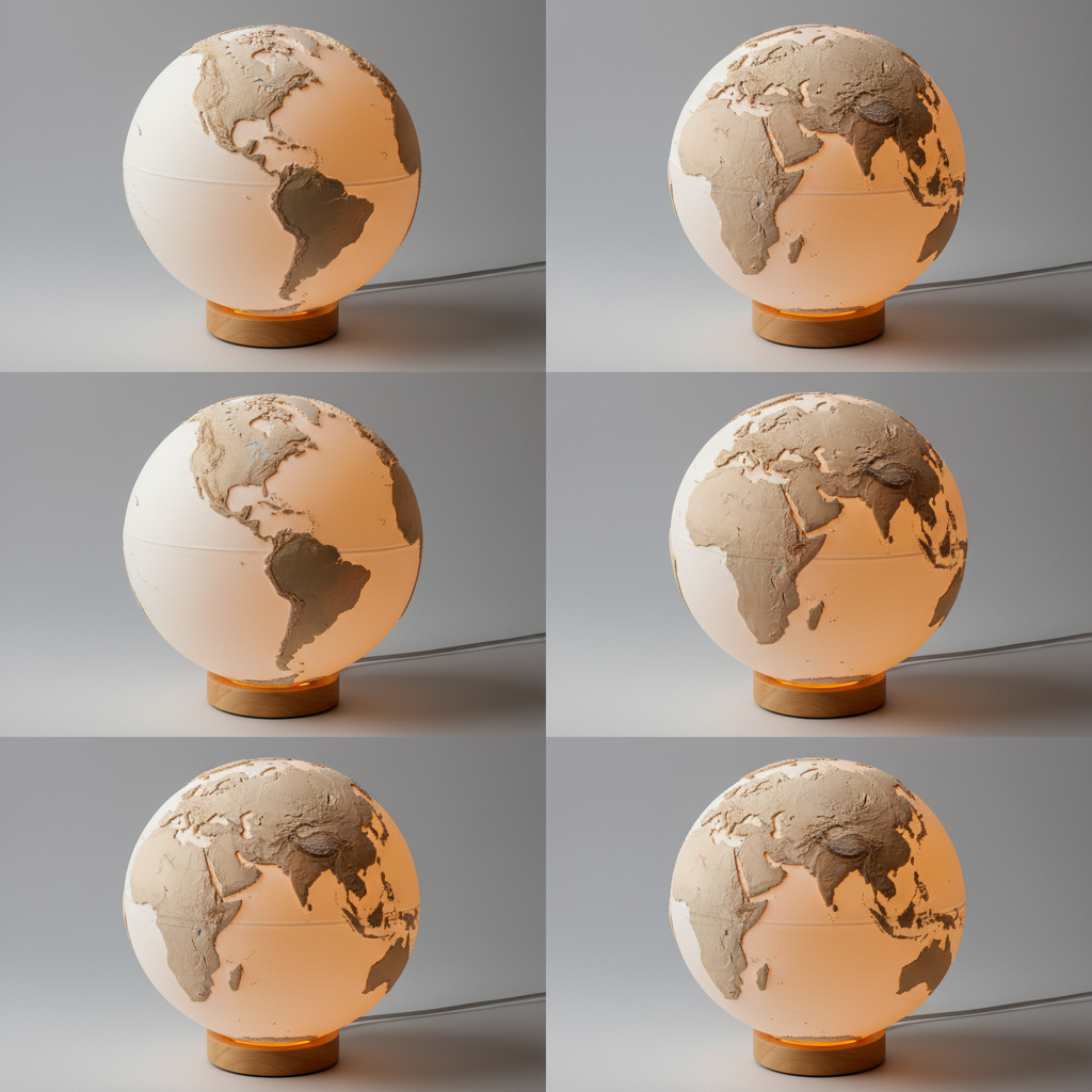 Multiple angle views of globe moon lamp showing different continents and LED glow