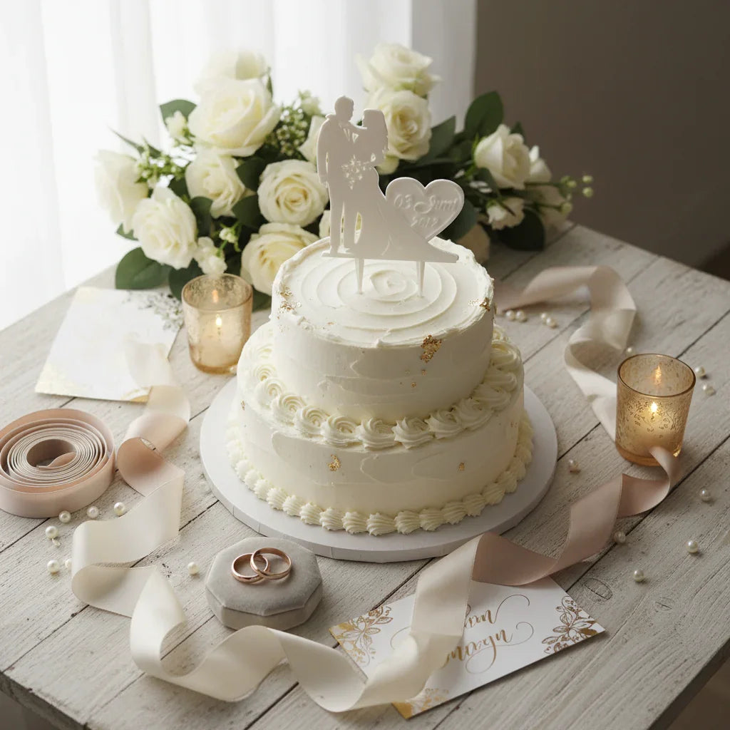 Couple cake topper in festive flatlay with wedding celebration items