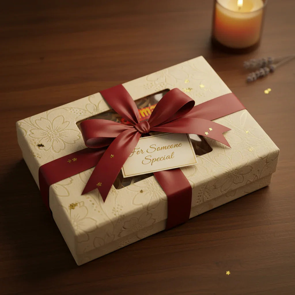Elegant gift box with floral pattern, red ribbon, and 'For Someone Special' tag from The Sculpt Studio