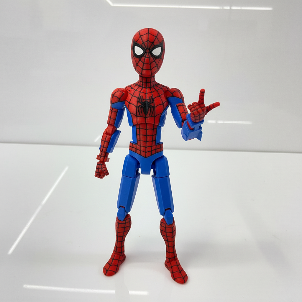 Close-up of Spider-Man action figure showing detailed blue red costume and web pattern