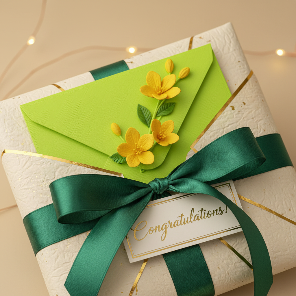Lime green envelope with yellow flowers gift presentation