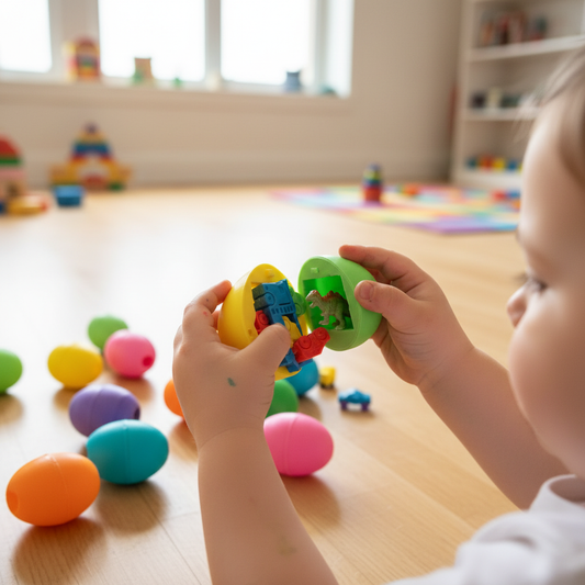 Child hands opening surprising egg discovering toys inside