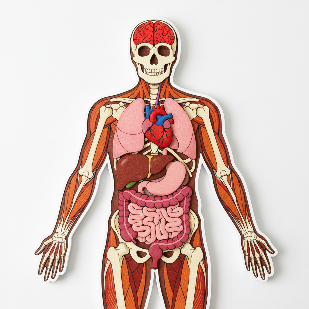 Close-up of complete 2D anatomy puzzle showing brain, organs, skeleton, muscles