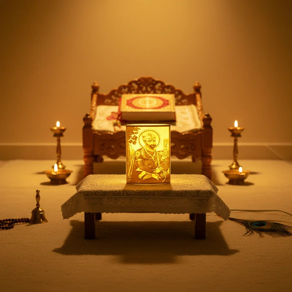 Traditional Hindu home altar with candlelight, spiritual artwork, and ornate wooden table at The Sculpt Studio
