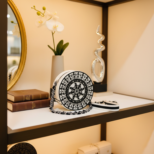 Black white tribal art round handbag boutique display luxury fashion