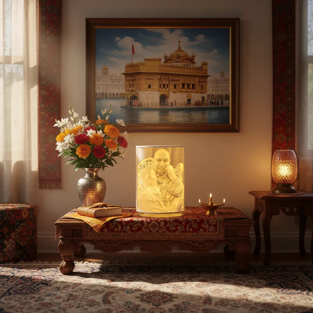Elegant home altar with photo lamp, flowers, and Golden Temple painting, The Sculpt Studio