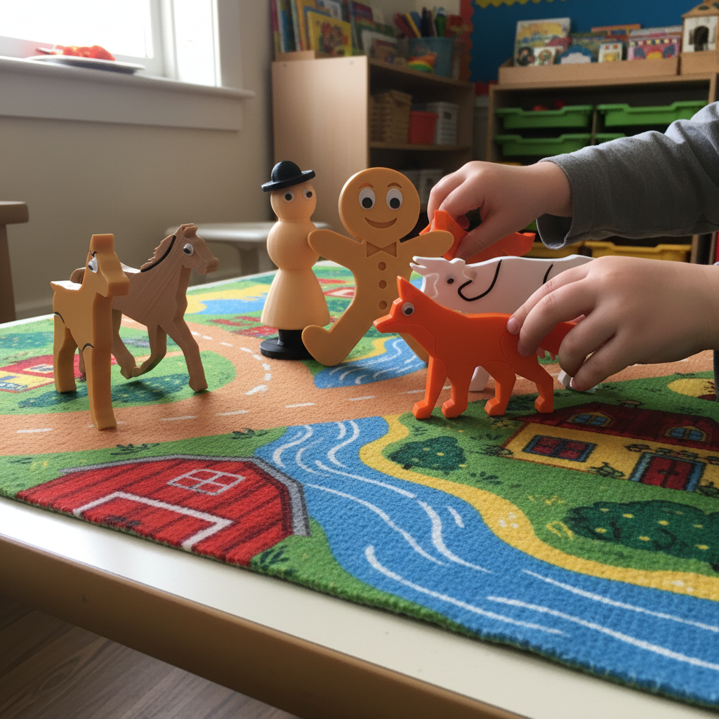 Child playing with Gingerbread Man story props for interactive learning and imaginative play