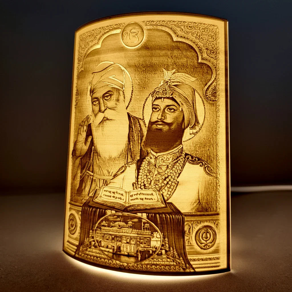 Sikh religious themed lighted plaque featuring two Sikh figures, scripture, and temple engraving