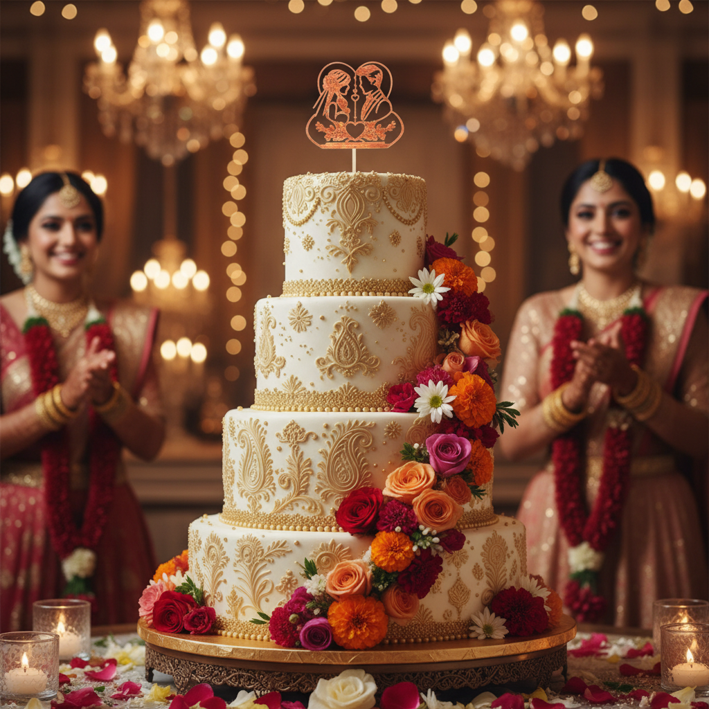 Indian wedding cake decorated with Dulha Dulhan bride groom topper