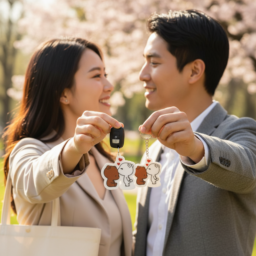 Couple with matching Dudu Bubu keychains showing romantic relationship accessory
