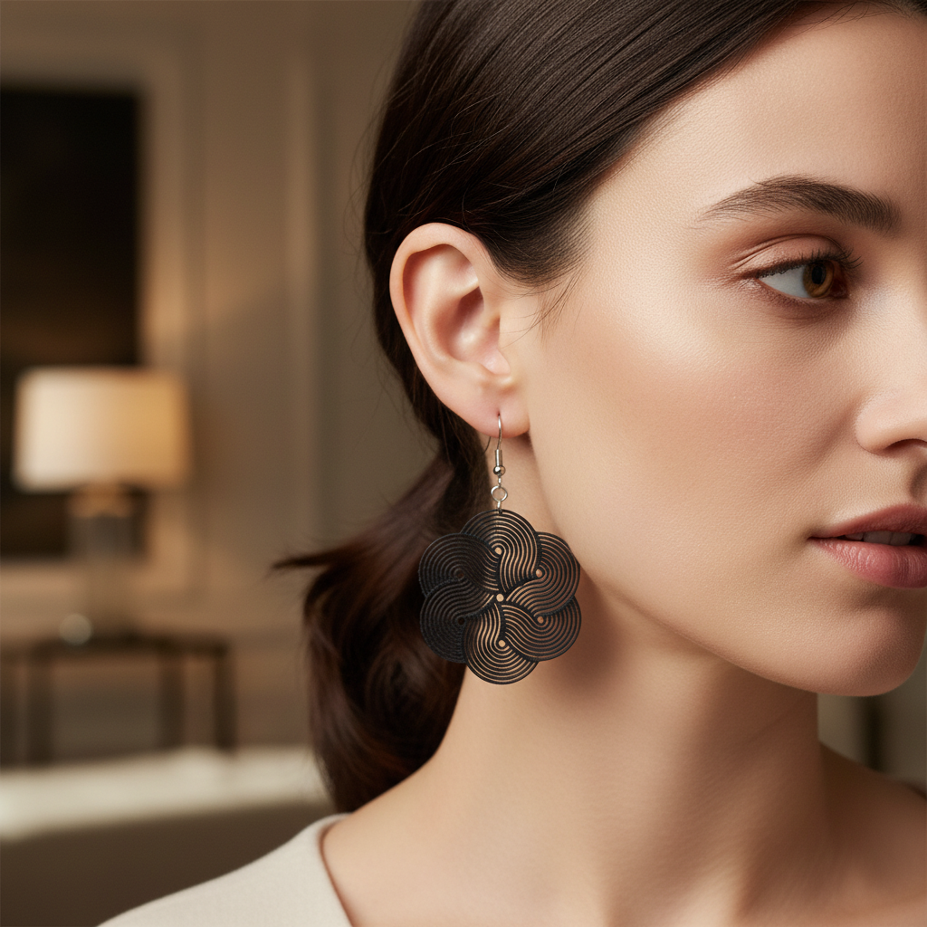 Woman wearing black swirl 3D printed earrings elegant jewelry