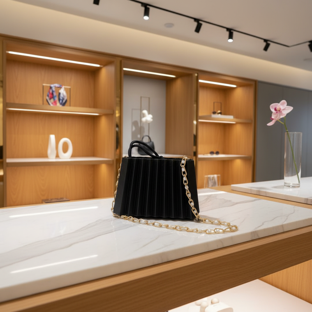 Black pleated mini handbag boutique display luxury fashion setting