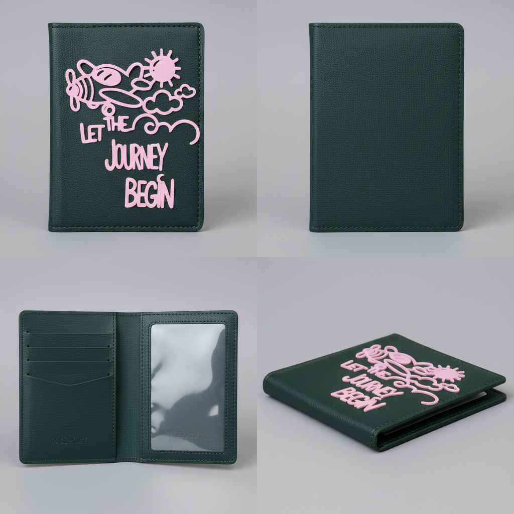 Multiple angle views of Let the Journey Begin passport cover showing all details