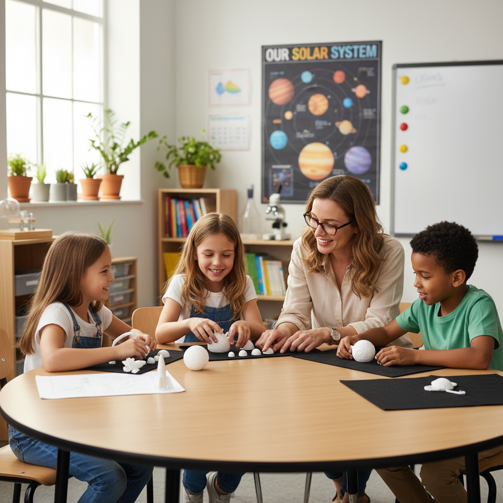 Children engaged in hands-on astronomy learning with white 3D printed DIY solar system set