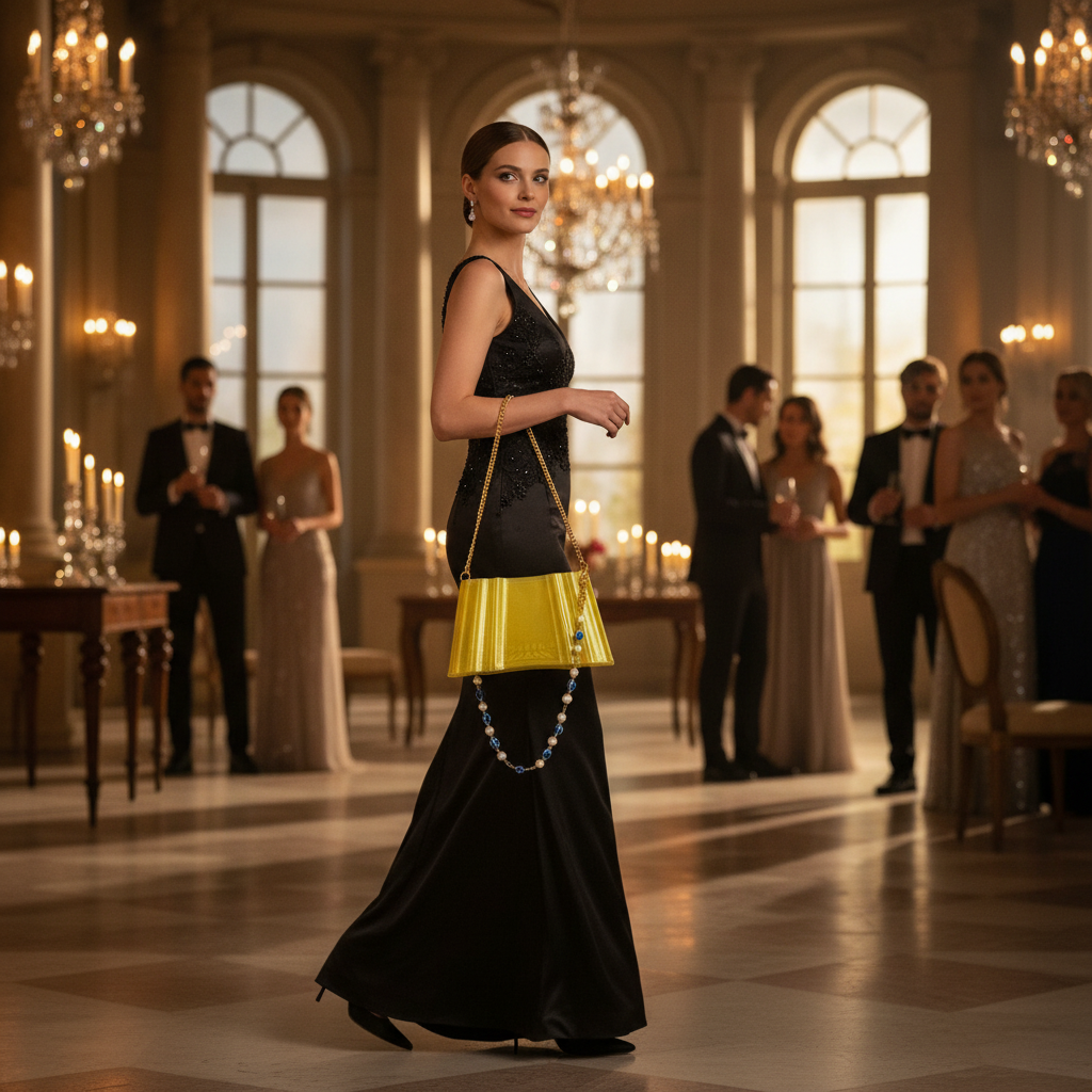 Woman carrying golden glow 3D printed purse evening elegant fashion