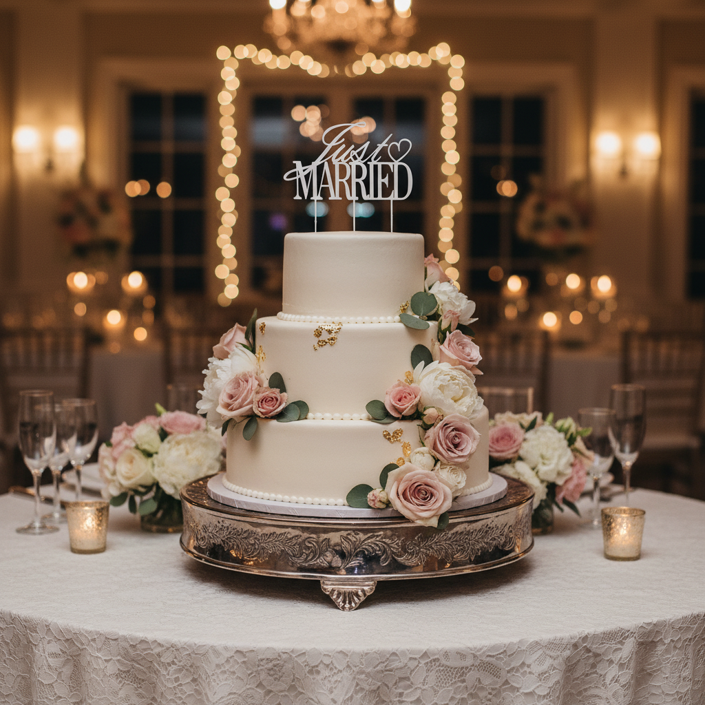 Wedding cake decorated with elegant Just Married cake topper at reception