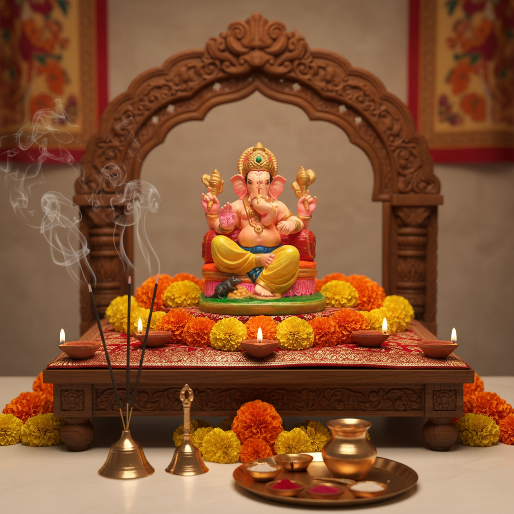 Colored Ganesh Ji Murti in home temple setup with flowers, diyas and traditional pooja items