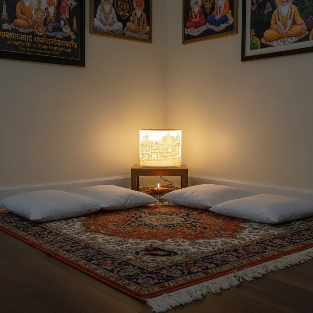 Cozy meditation corner with Persian rug, floor cushions, ambient lamp and artwork in The Sculpt Studio.