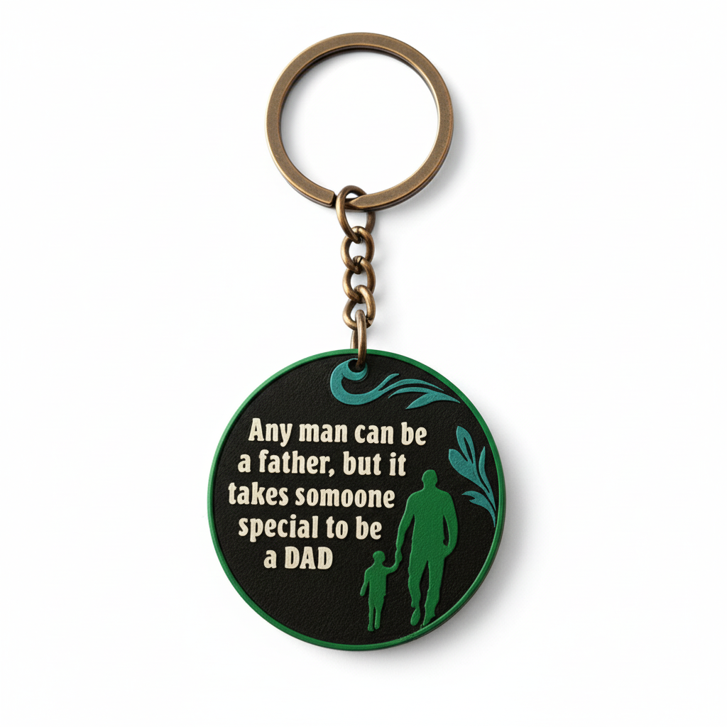 Close-up of 3D printed dad keychain showing detailed engraving and quality craftsmanship