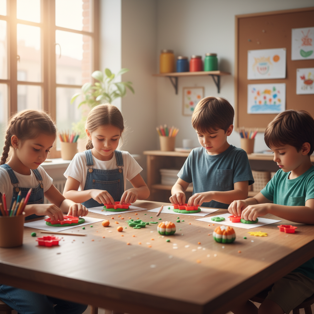 Children art class using lotus flower cutters clay projects