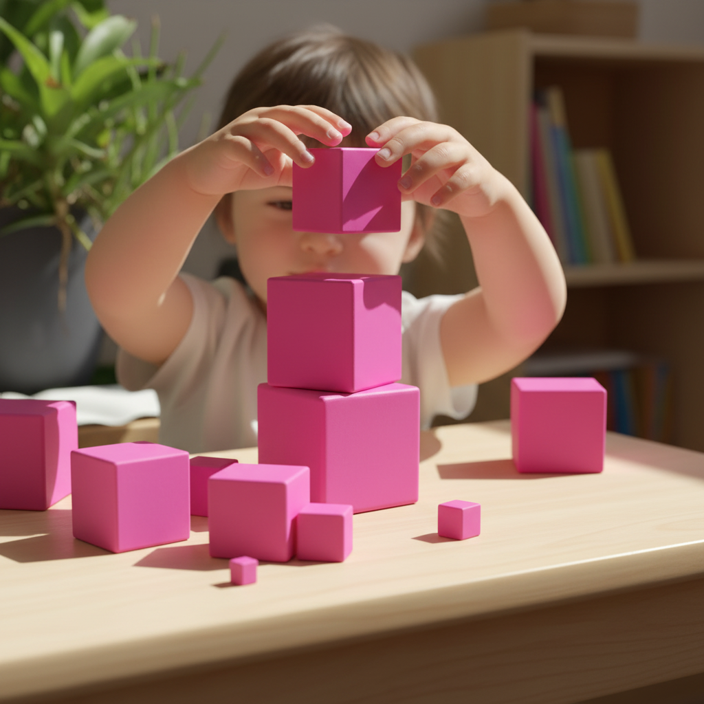 Child hands stacking pink tower Montessori blocks learning size