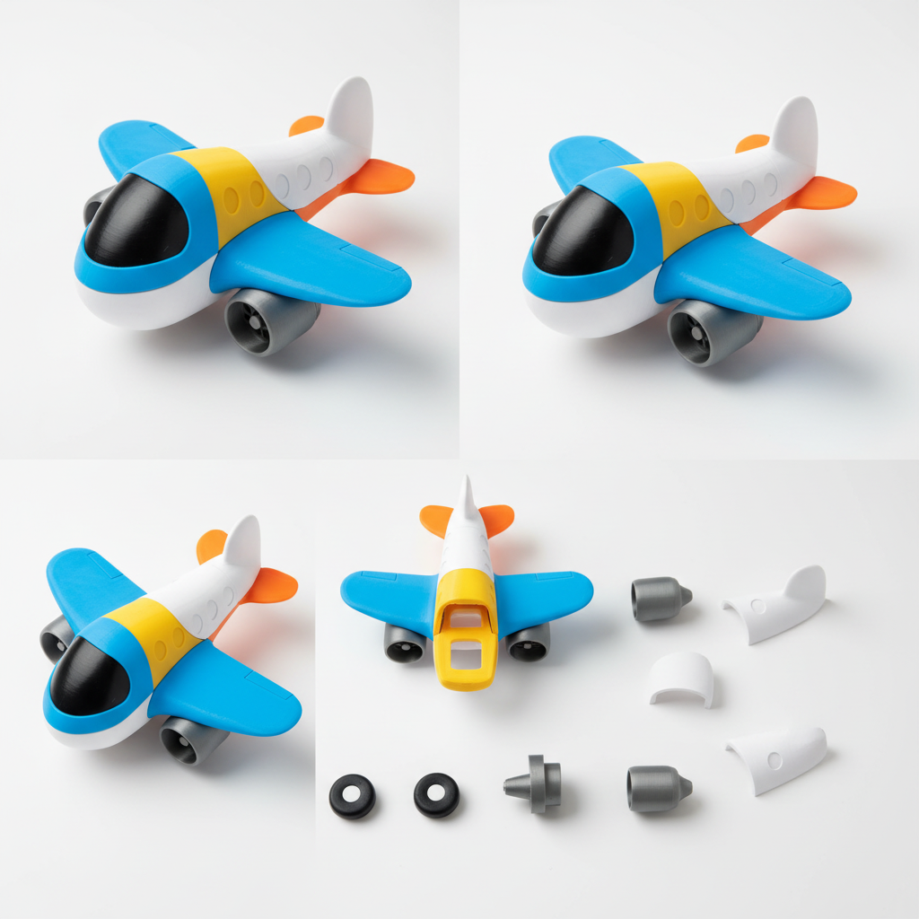 Multiple angle views of magnetic airplane toy showing all perspectives