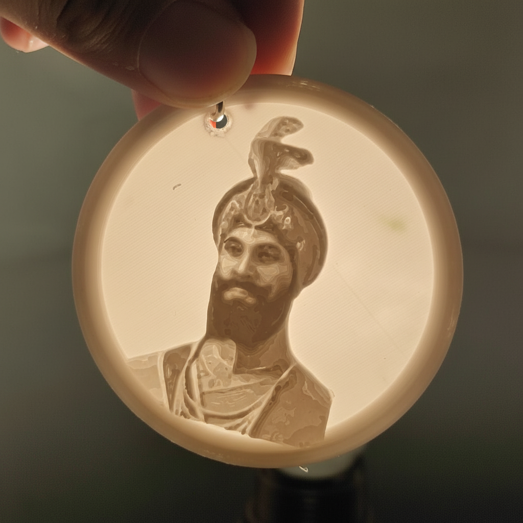 Close-up of Sikh warrior lithophane keychain showing detailed heritage portrait design