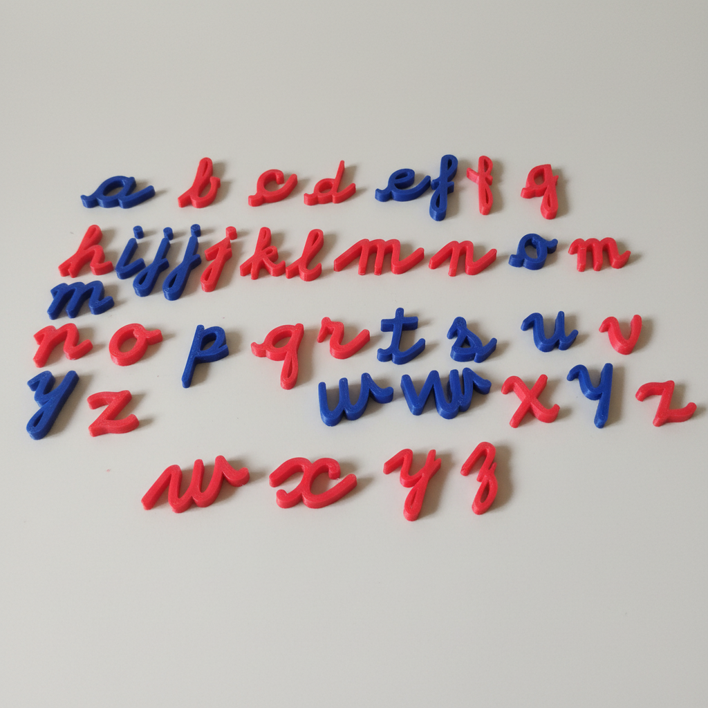 Multiple angle views of 3D printed lowercase alphabet letters showing design details
