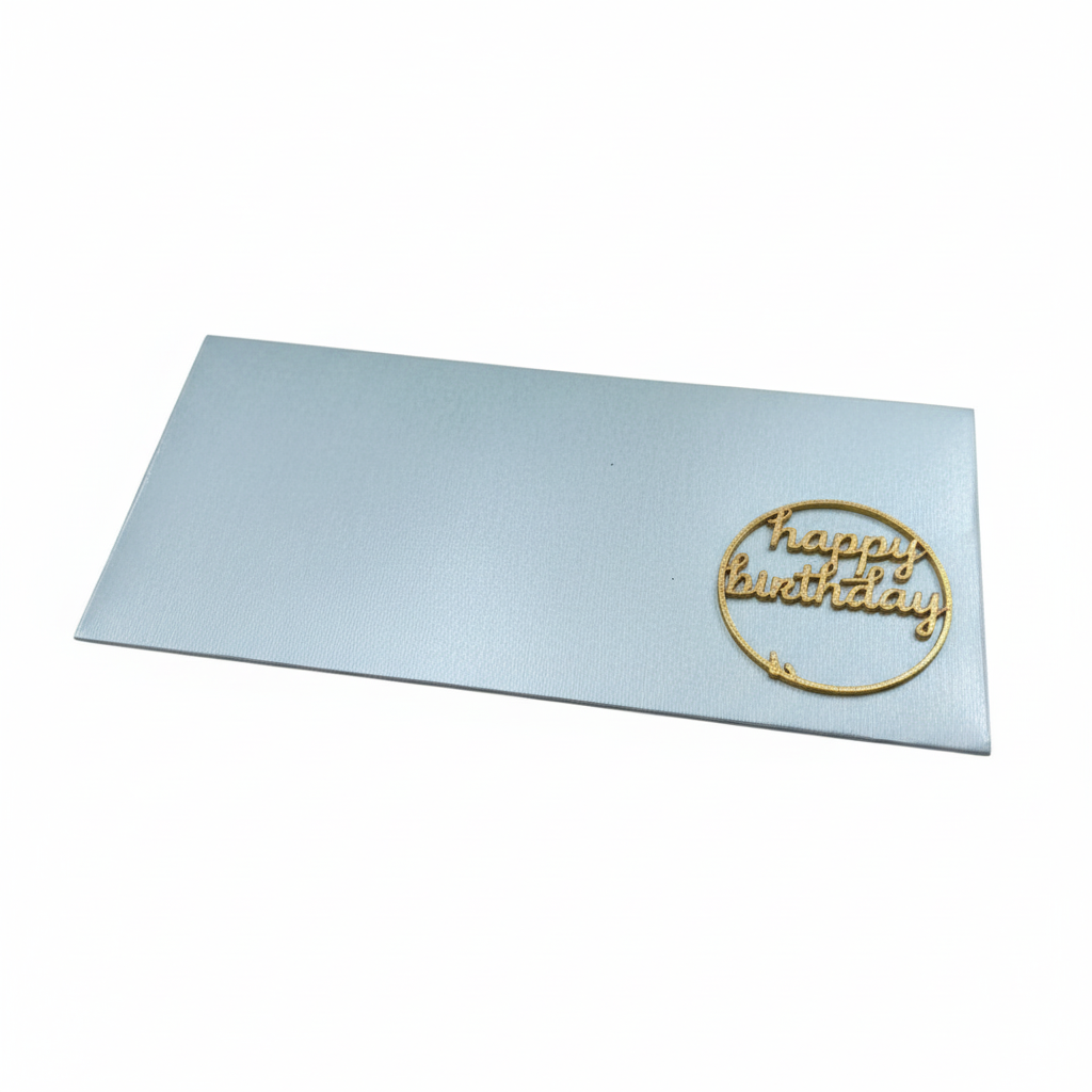 Close-up of light blue 3D printed Happy Birthday envelope showing elegant design