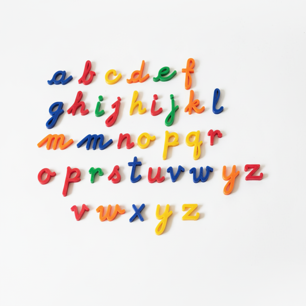 Complete set of 3D printed lowercase alphabet letters a to z in vibrant colors