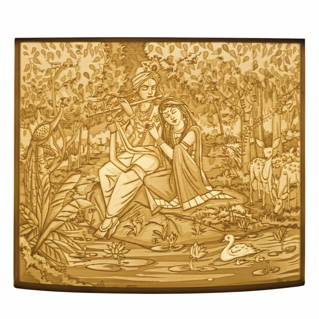 Wooden wall art with intricate carving of two figures by a pond, nature background, The Sculpt Studio