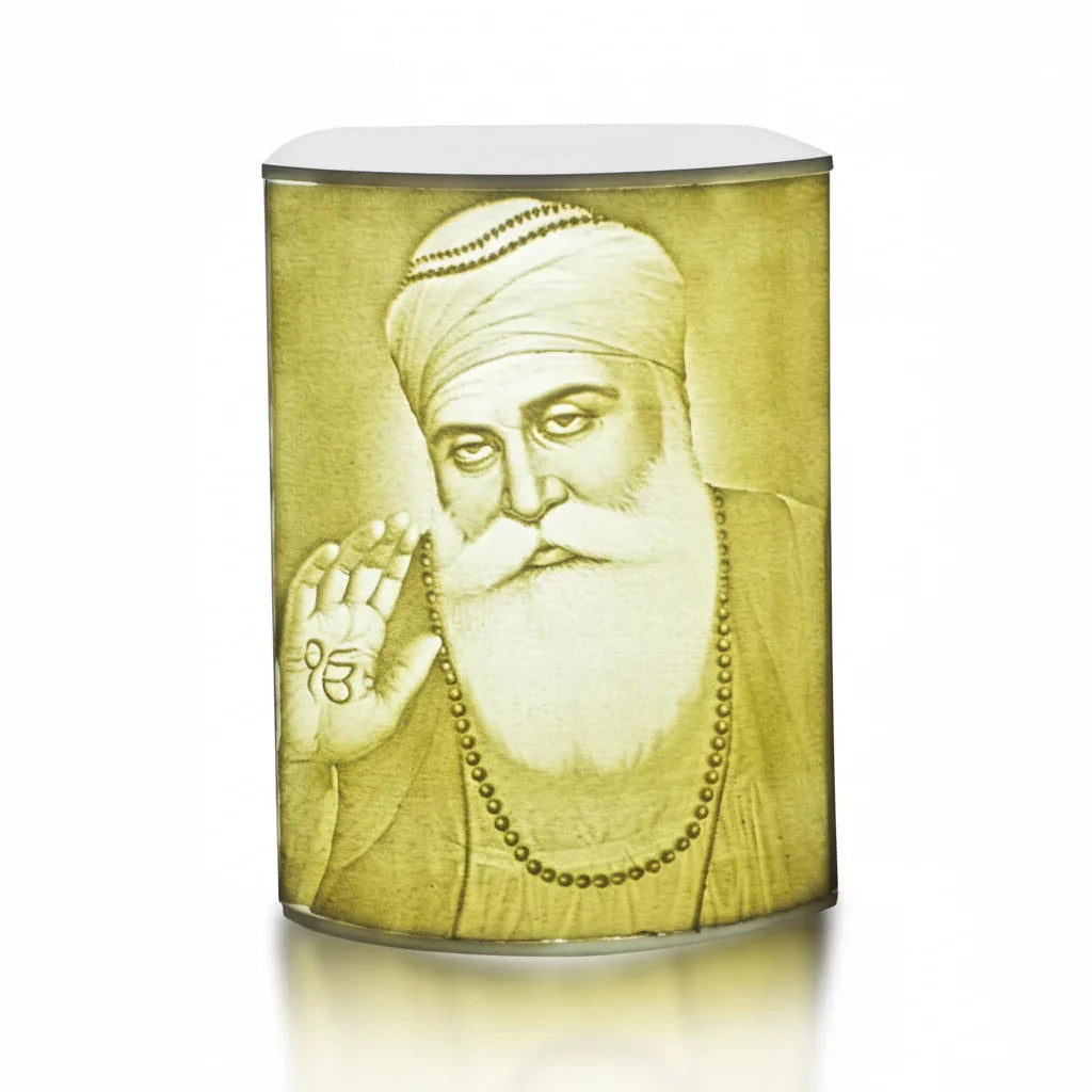 Yellow luminescent decor with Guru Nanak illustration, The Sculpt Studio product