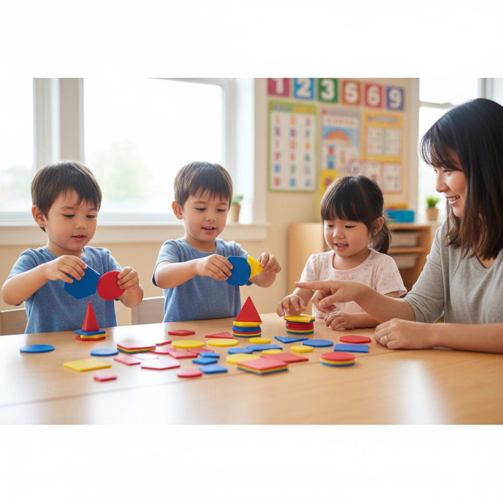 Children engaged in hands-on learning with 60-piece Attribute Blocks Montessori toys