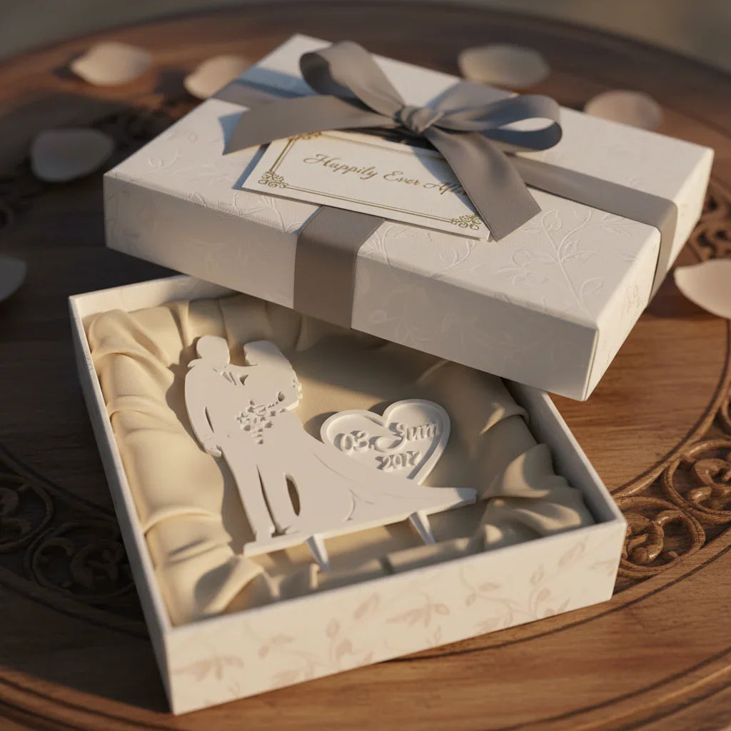 Couple cake topper gift presentation for romantic celebration