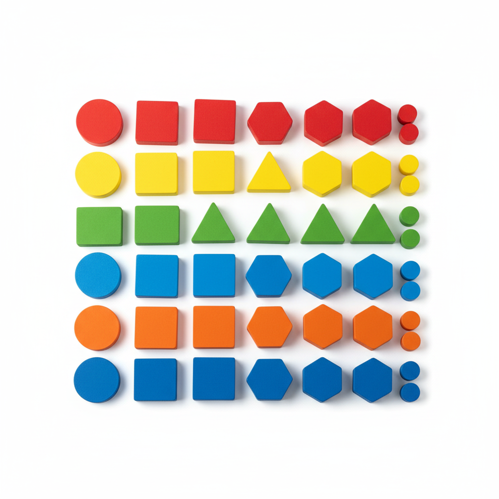 Complete 60-piece Attribute Blocks set showing all geometric shapes, colors, and sizes