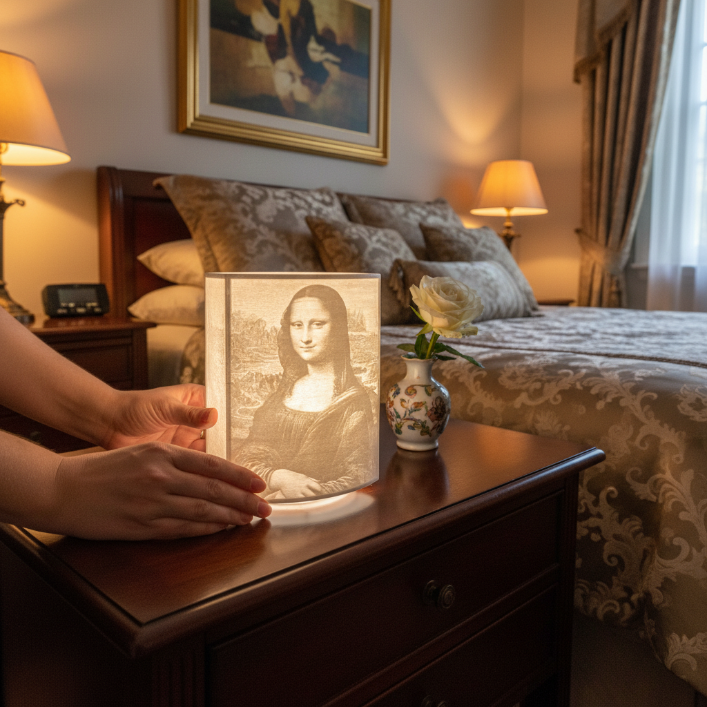 Person placing glowing Mona Lisa lithophane lamp bedside table artistic