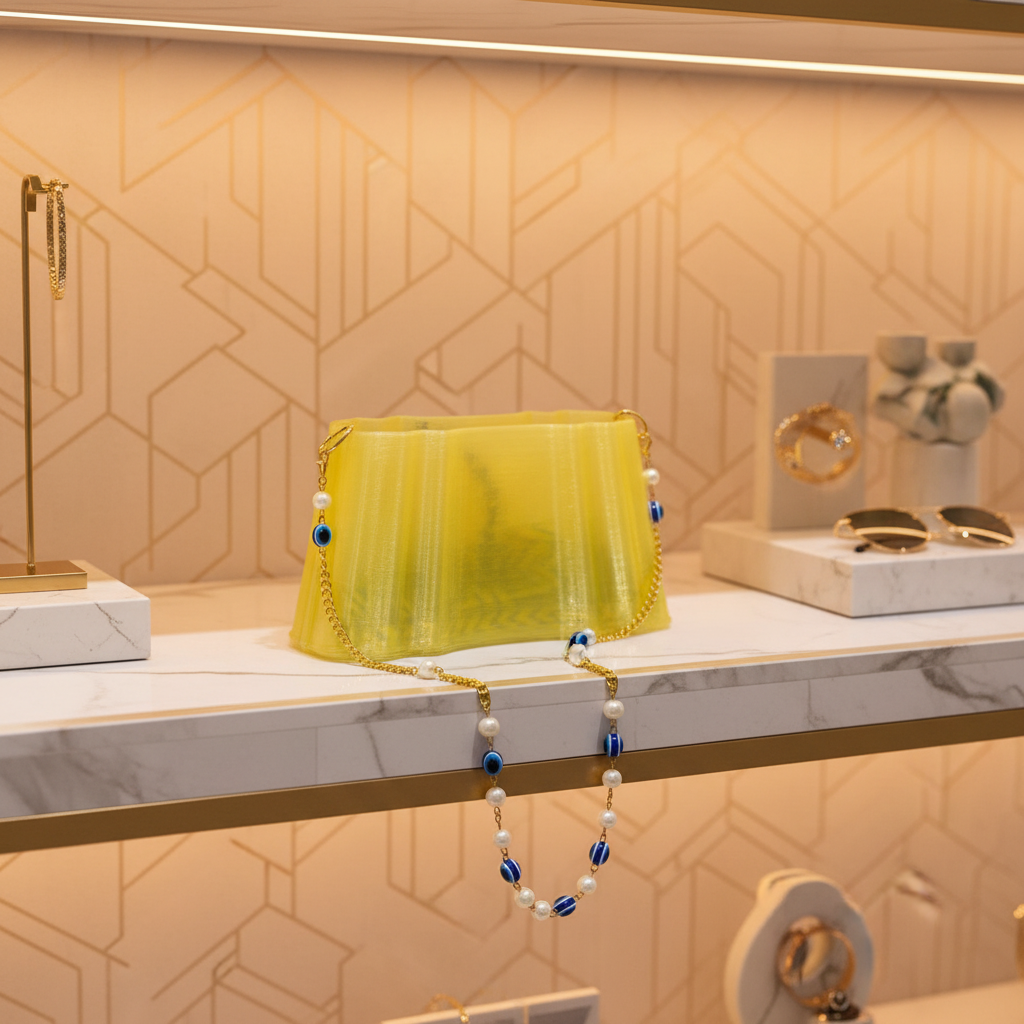 Golden glow 3D printed purse luxury boutique display