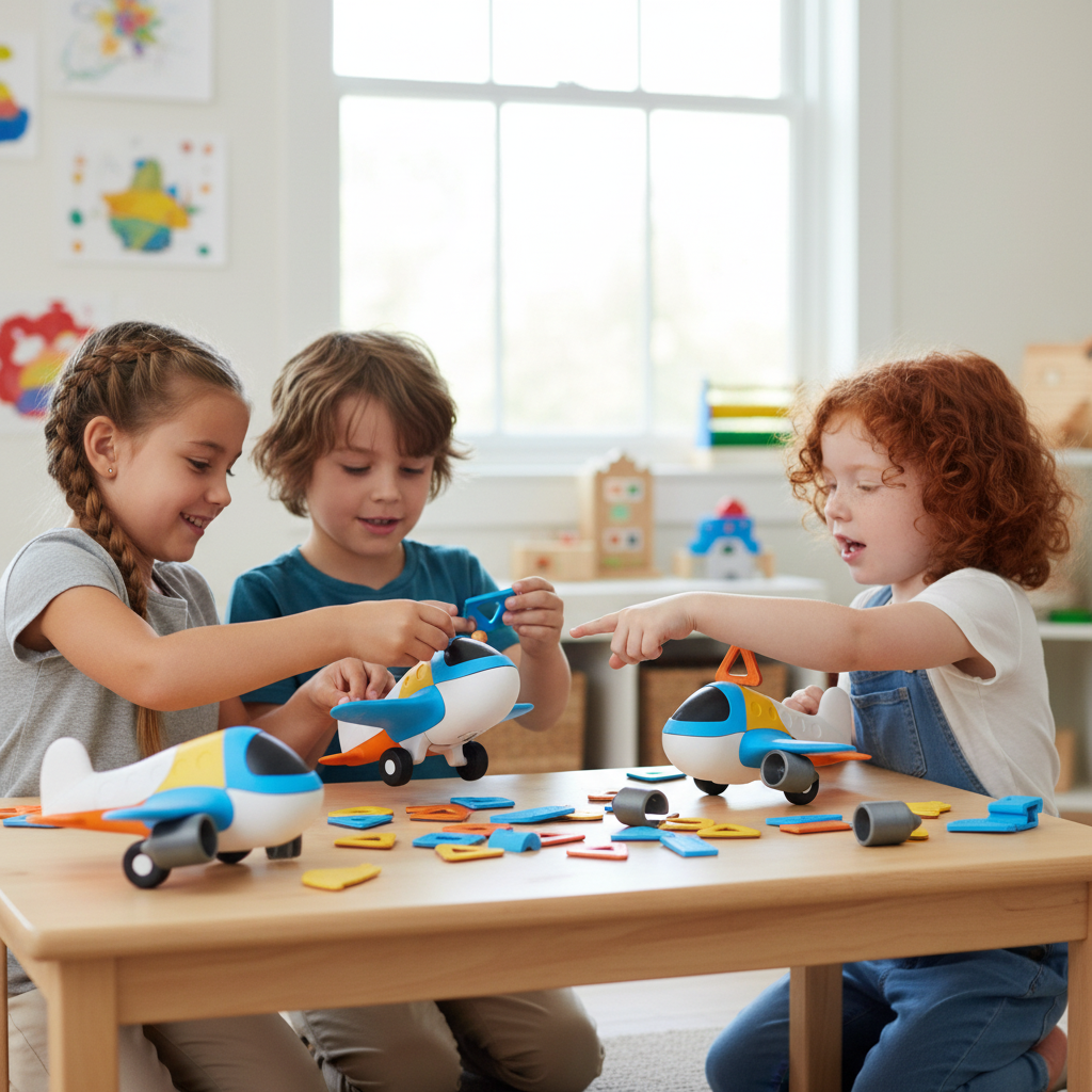 Children playing with magnetic airplane toy assembling colorful pieces