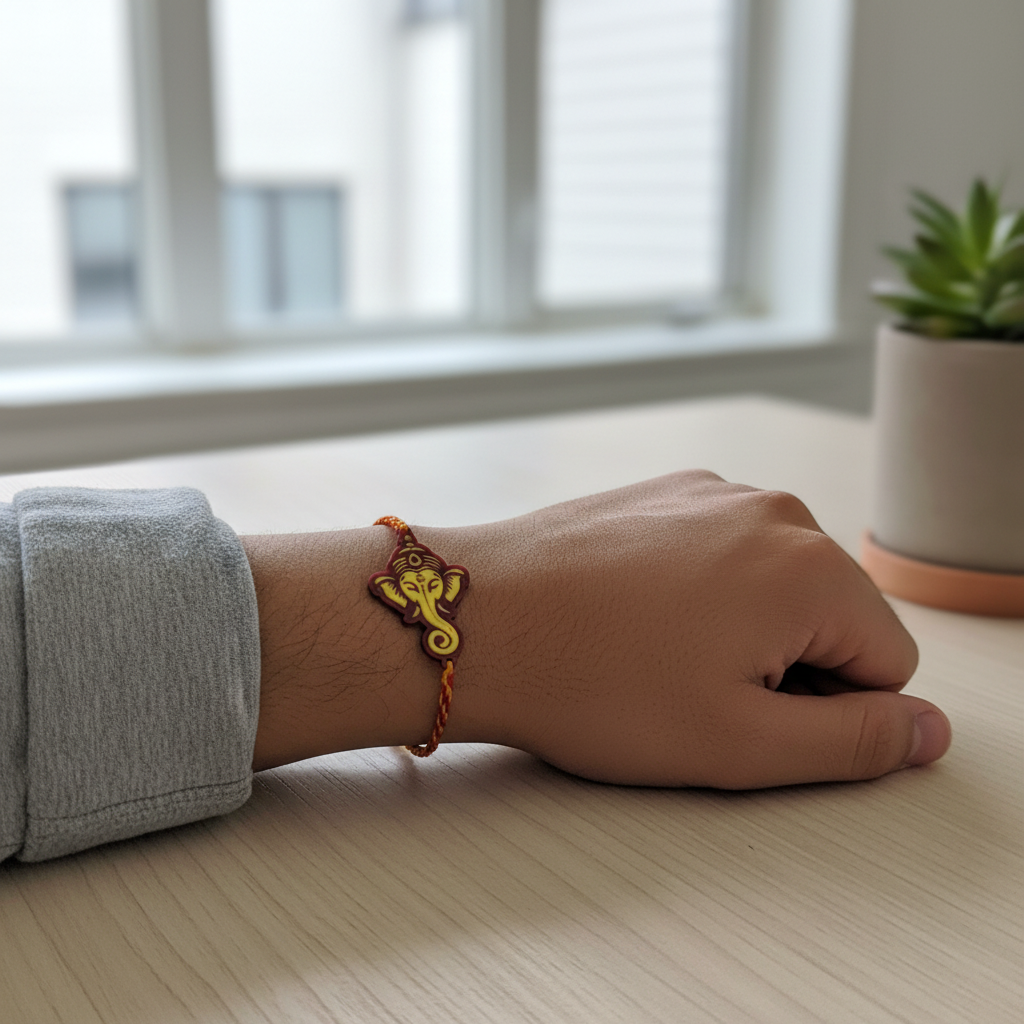 Customised rakhi worn on wrist showing personalized design in modern setting