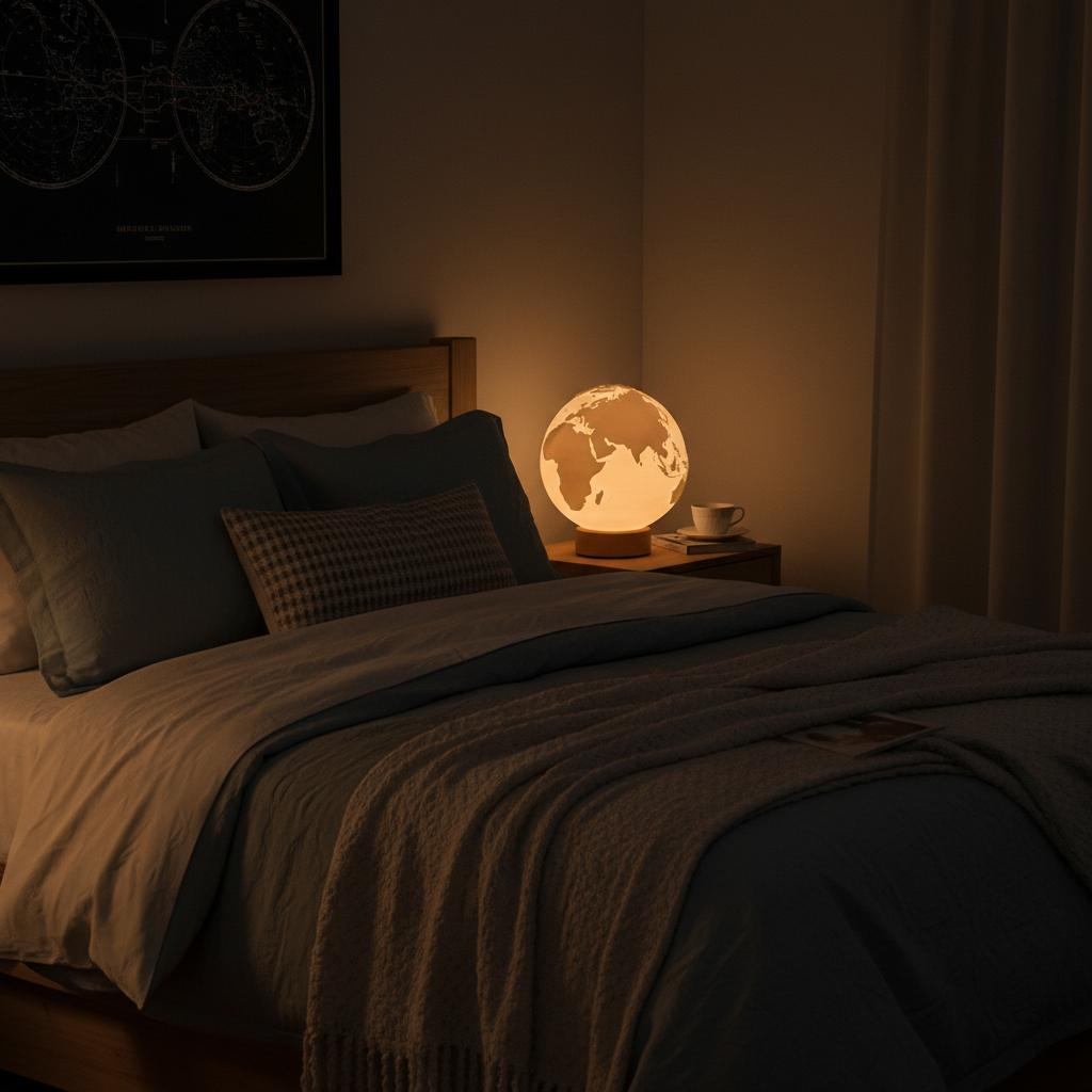 Globe moon lamp glowing in bedroom creating warm peaceful ambiance at night
