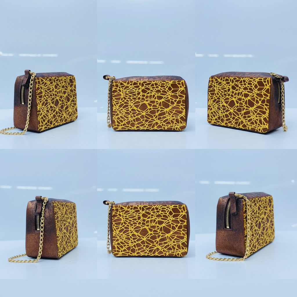 Golden web 3D printed handbag intricate pattern multiple angles