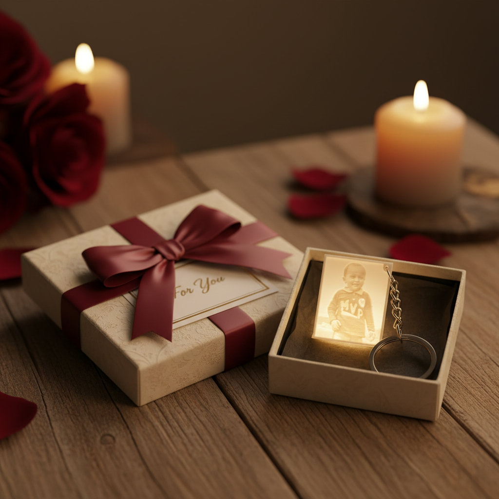 Custom lithophane photo keychain gift presentation for anniversaries and Valentine's