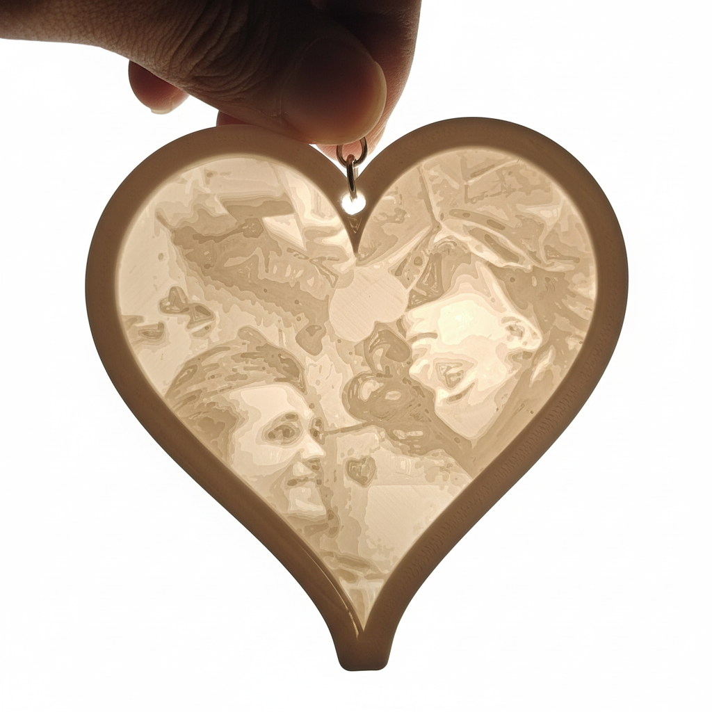 Close-up of heart-shaped lithophane photo keychain showing personalized romantic design
