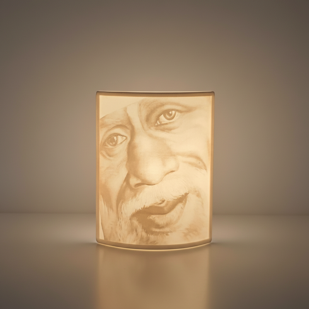 Close-up Shri Sai Baba lithophane showing intricate 3D engraved details