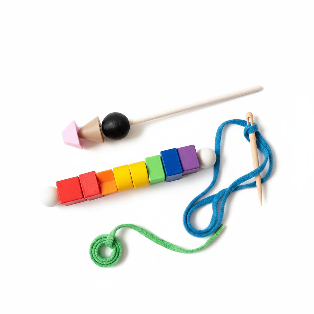 Close-up of threading stick toy showing colorful beads and shapes