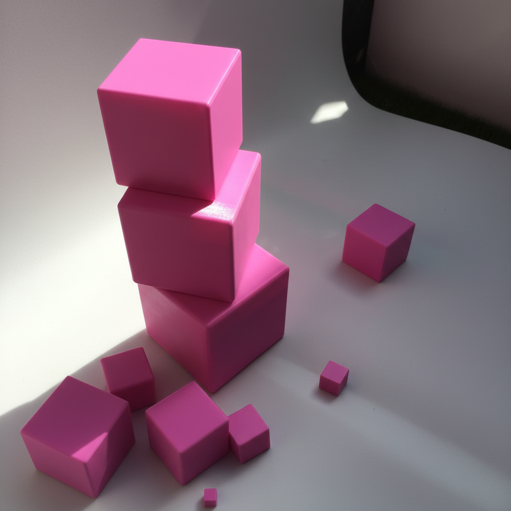 Close-up pink tower blocks showing 3D printed quality detail