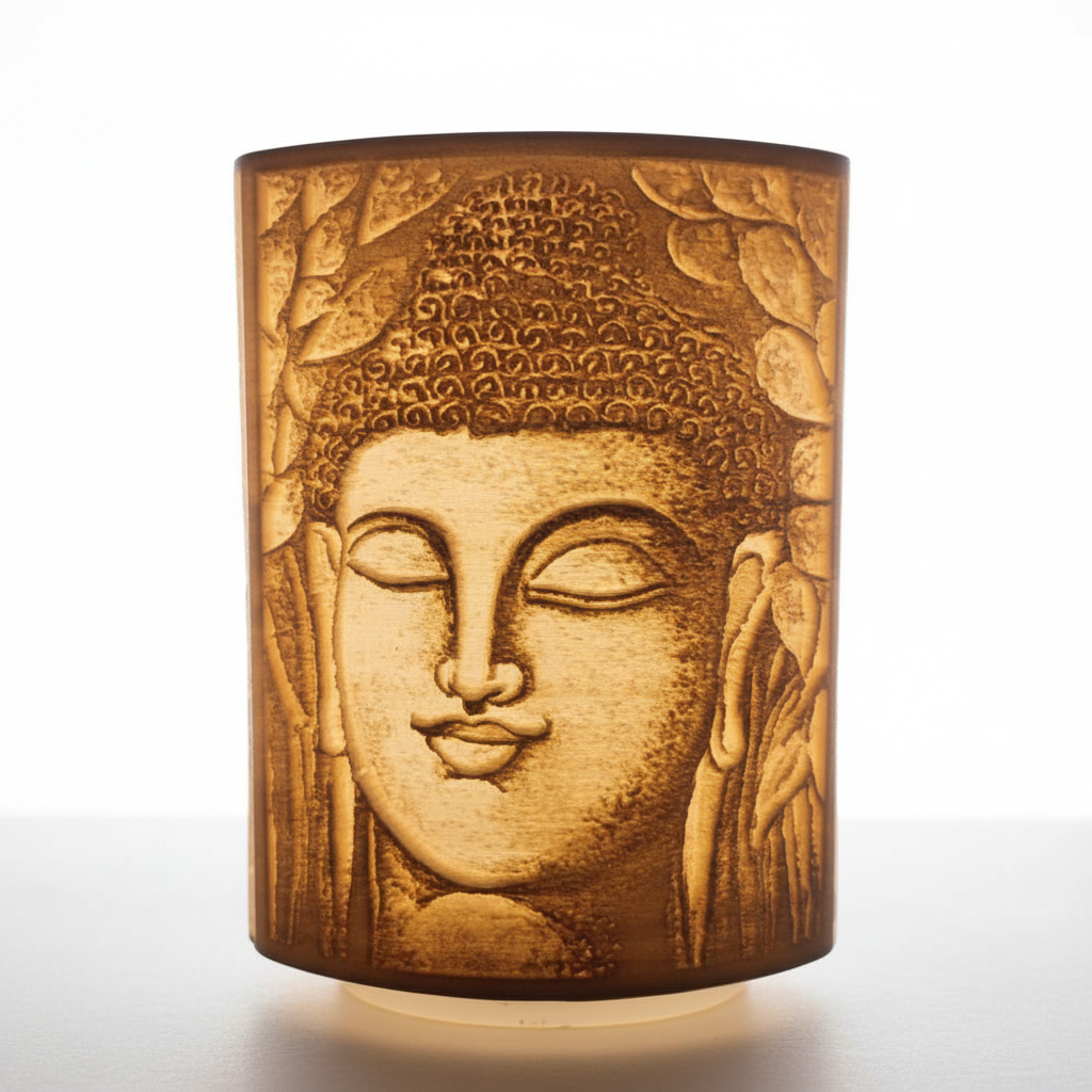 Close-up Lord Buddha lithophane showing intricate translucent details