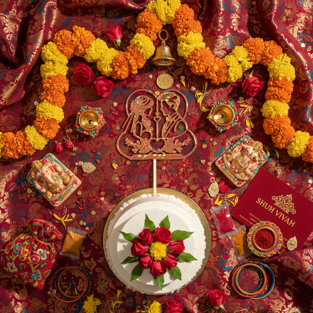 Dulha Dulhan cake topper in festive flatlay with Indian wedding items