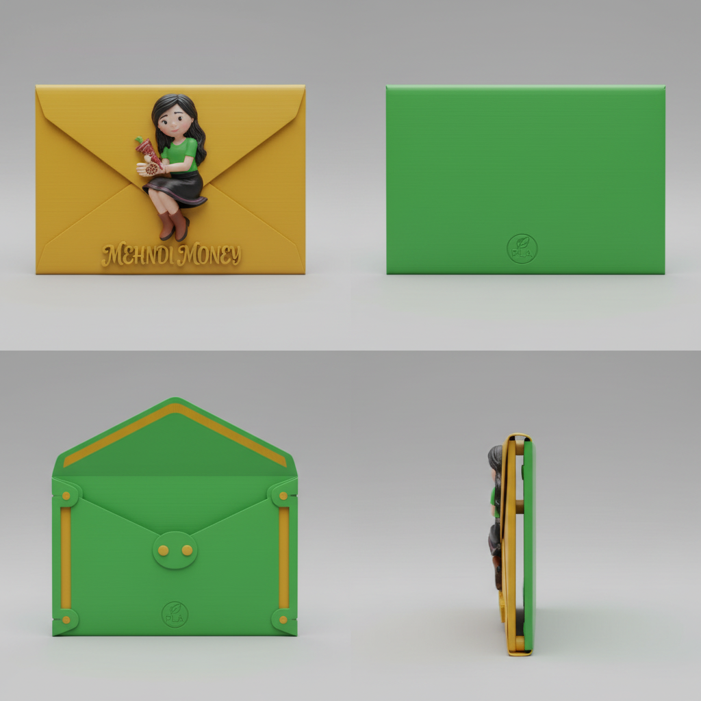 Multiple angle views of mehndi function envelope showing eco-friendly design details