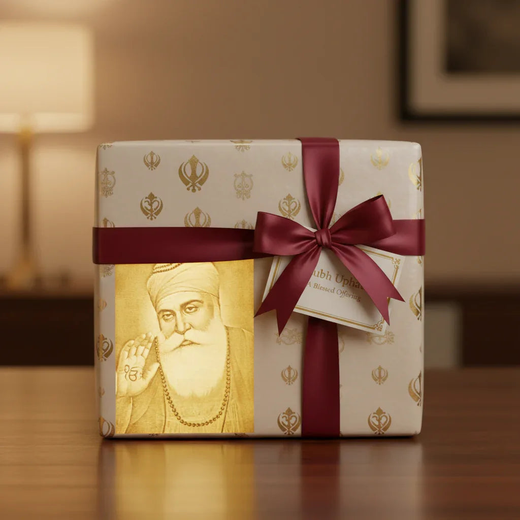 Elegant gift box with Sikh symbols, maroon ribbon, and Guru Nanak engraving on table